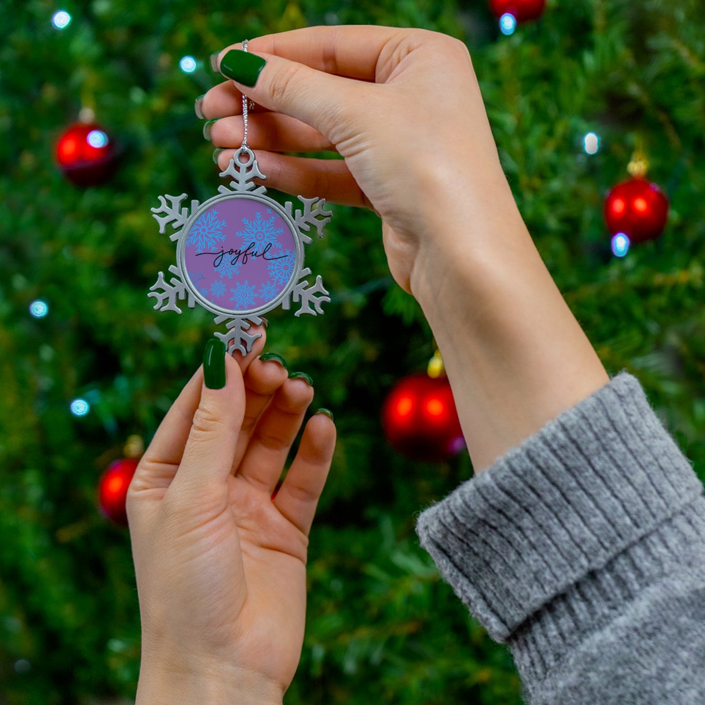 Joyful Snow on Purple - Pewter Snowflake
