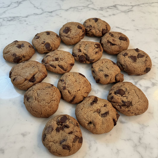Chocolate chip cookies on a cooling rack