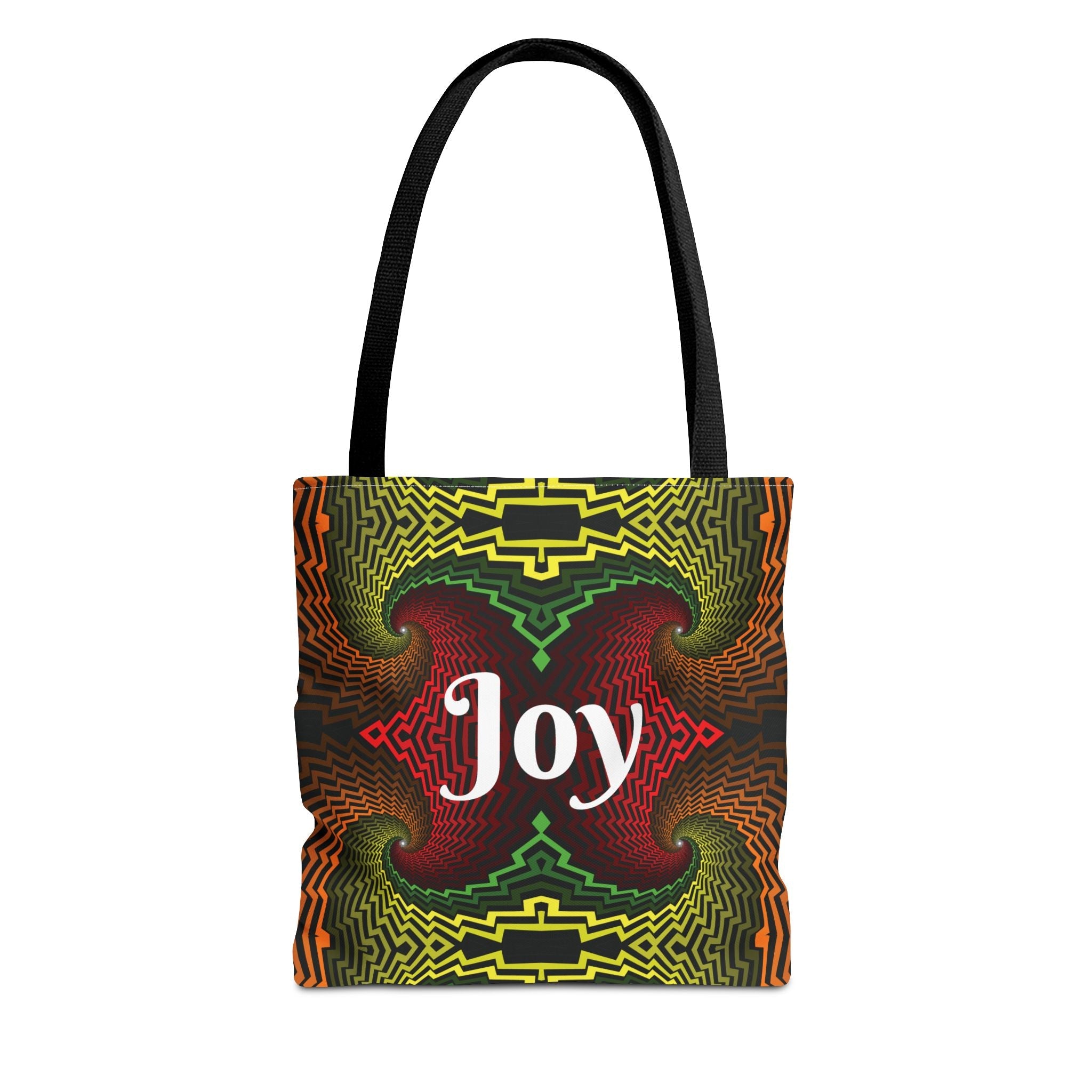 tote bag featuring vivid pattern with a bold white JOY in the center 