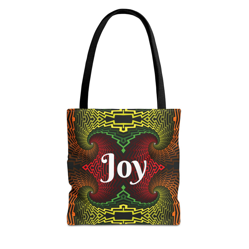 tote bag featuring vivid pattern with a bold white JOY in the center 