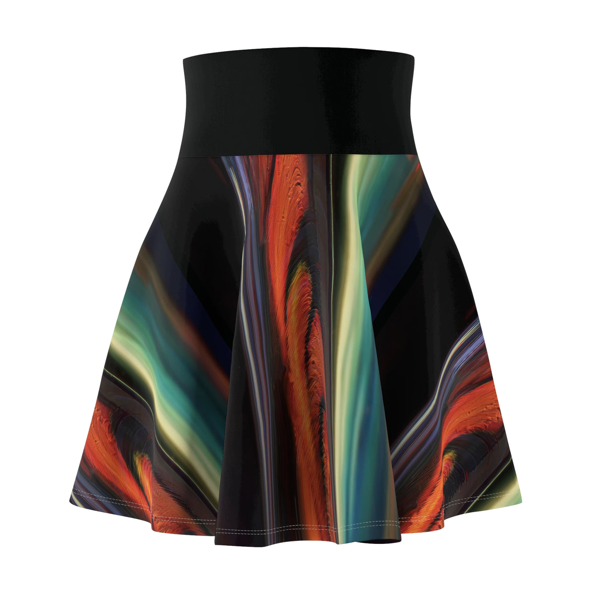 A high-waisted flared skirt with a solid black waistband and a vibrant abstract print featuring swirling waves of orange, green, teal, and purple on a black background, shown against a plain white studio backdrop.
