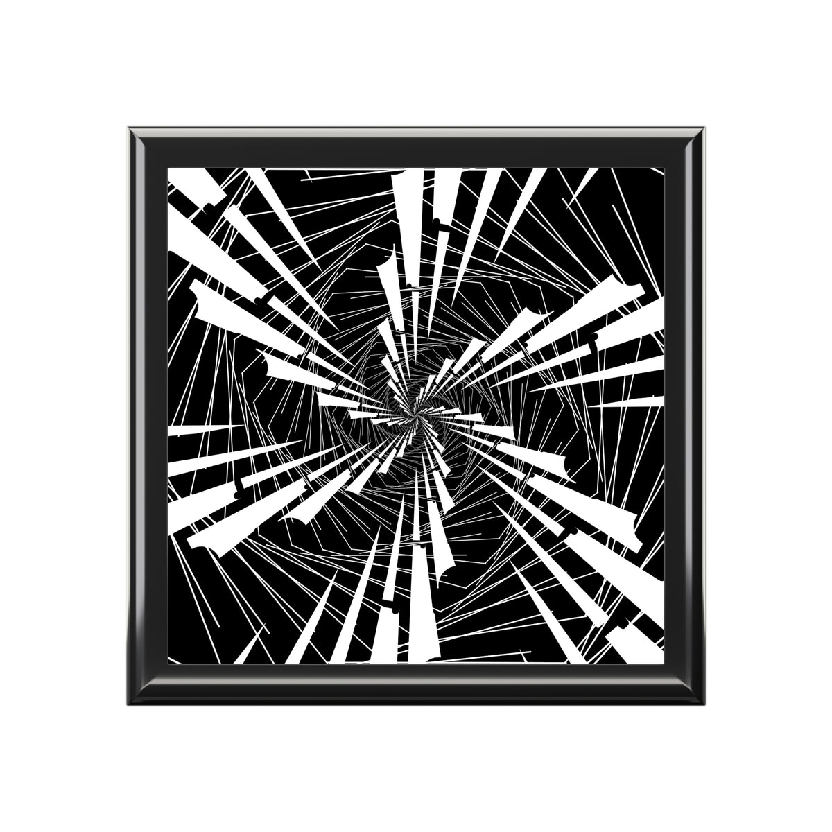 Framed abstract art with black and white geometric design on a white background