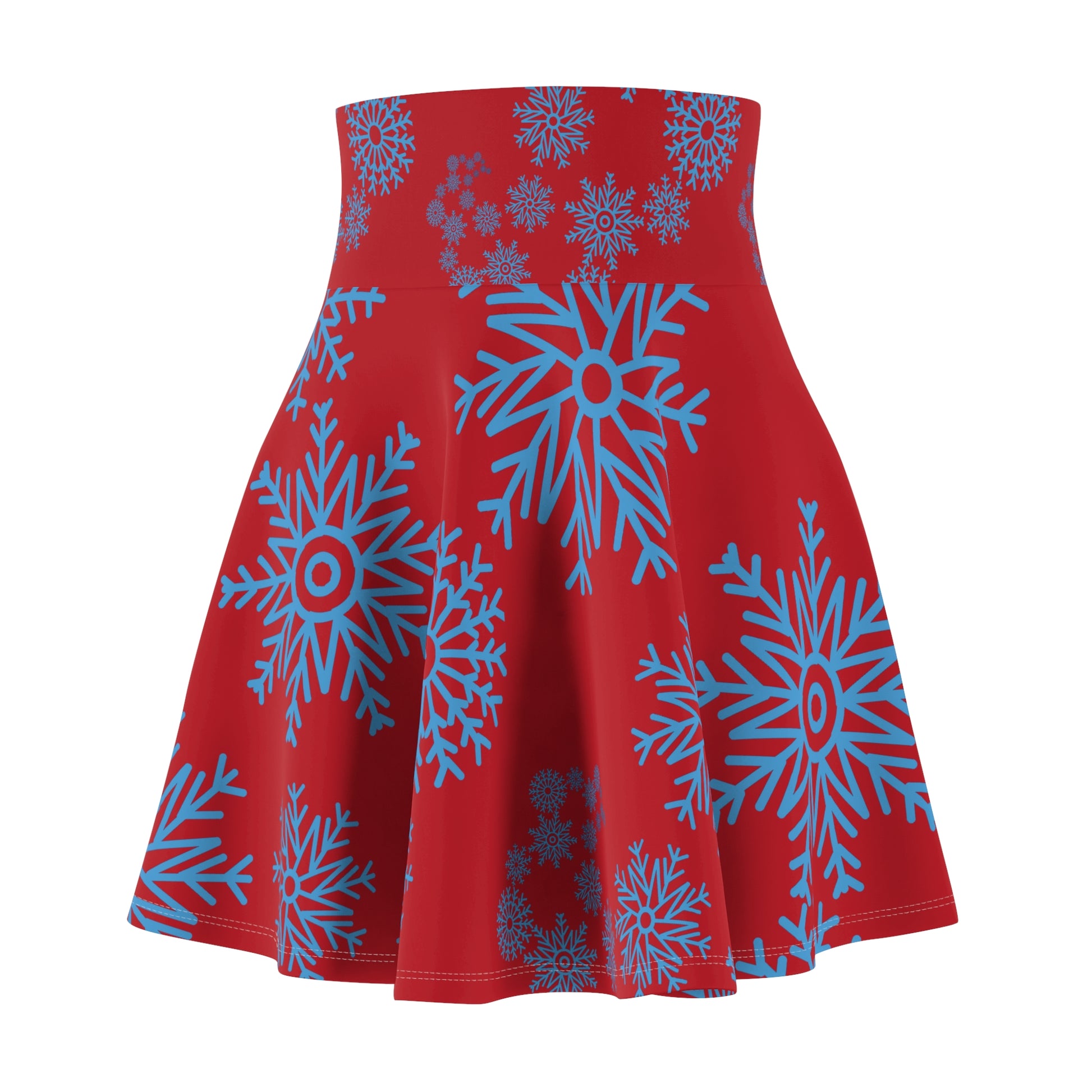 Blue snowflake pattern on red background skirt