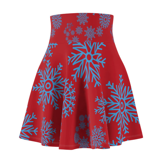 Blue snowflake pattern on red background skirt