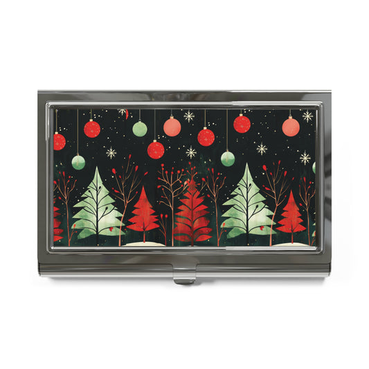 A rectangular metal case with a glossy finish, featuring a festive Christmas design on the front. The pattern shows red and green hanging ornaments, snowflake details, and stylized red and green Christmas trees on a dark background.