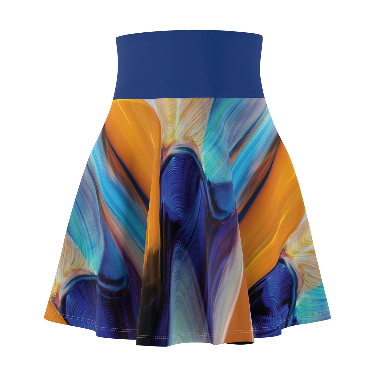 A flared skater skirt with a solid navy blue waistband and an abstract fluid art print featuring swirls of orange, blue, purple, and teal on a white background.