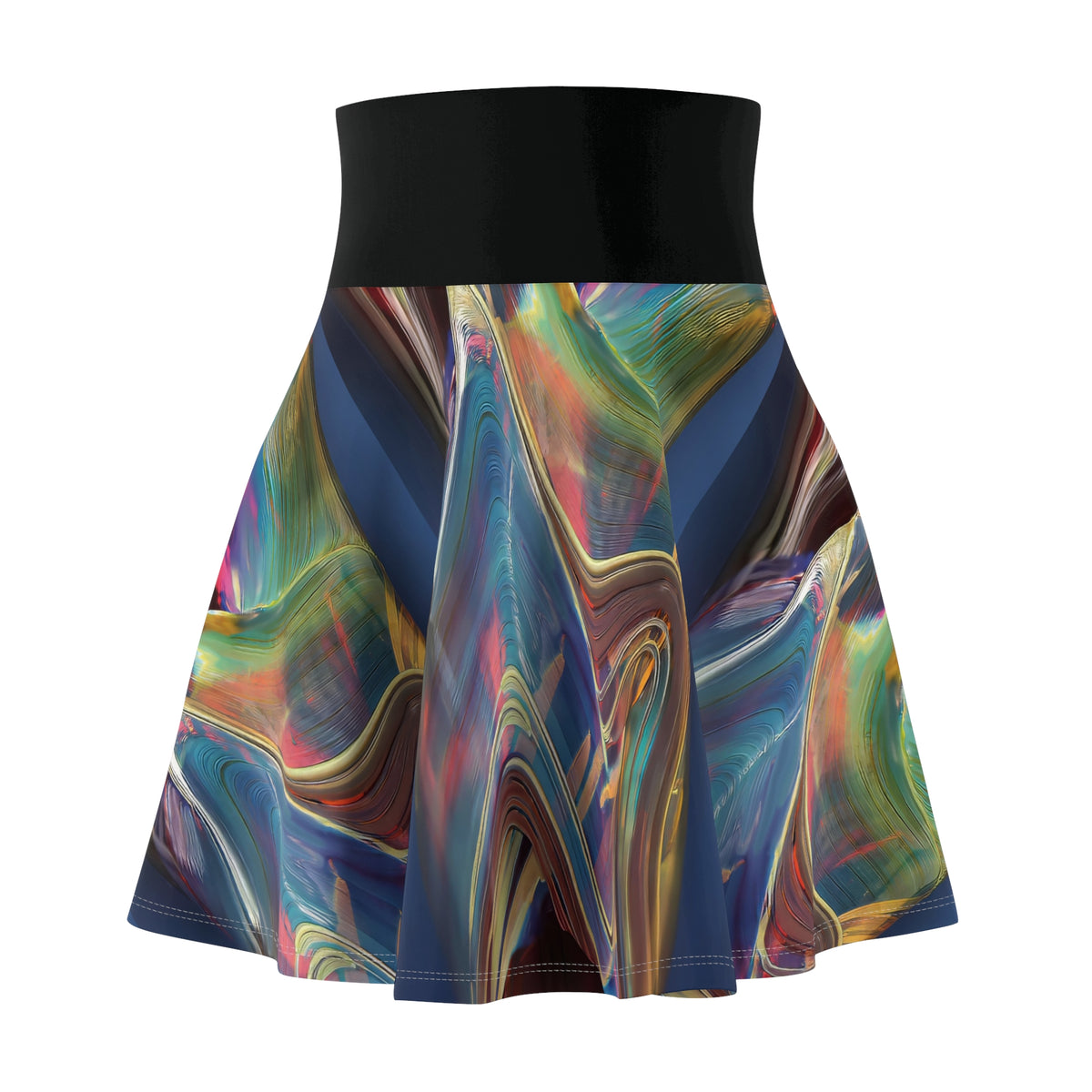 A high-waisted flared skirt with a solid black waistband and a vibrant, multicolored abstract fluid marble print on the skirt body, shown against a plain white background.