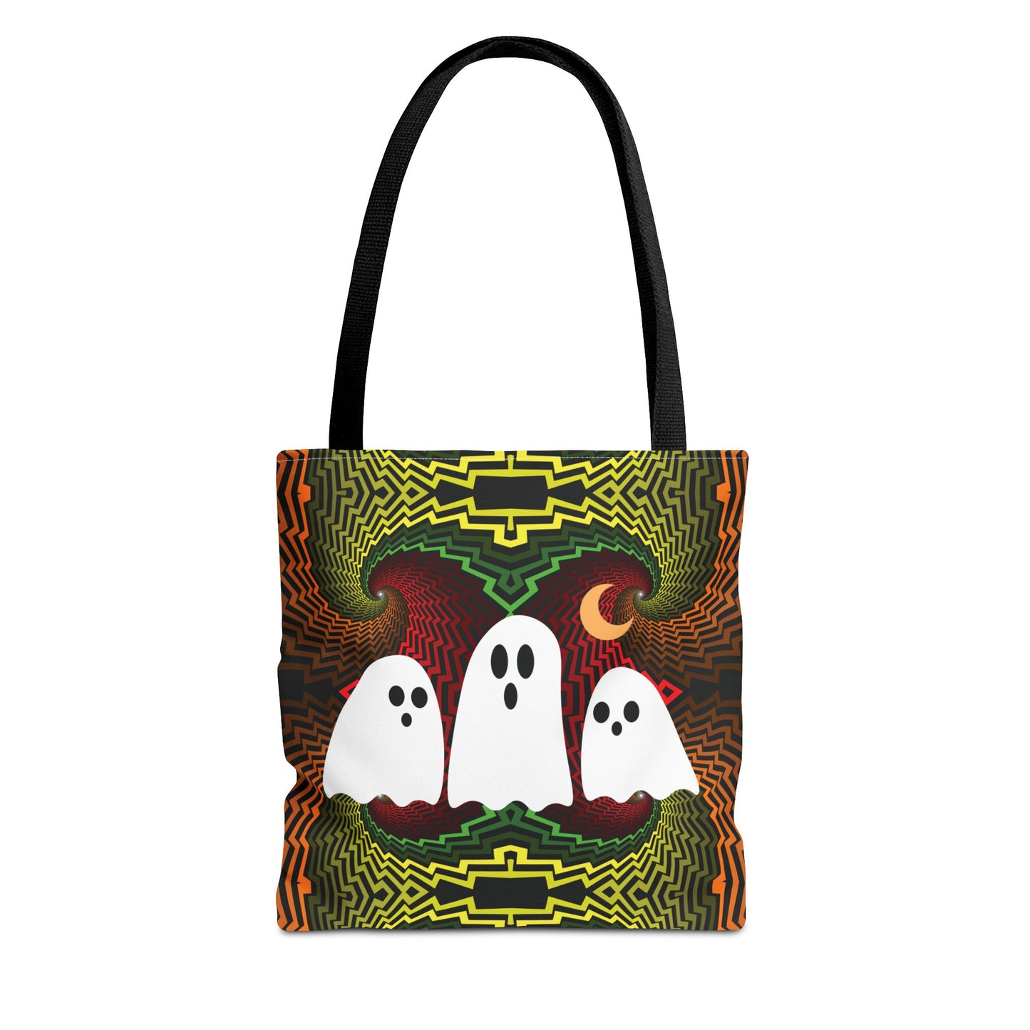 A tote bag with black handles, featuring a colorful psychedelic graphic of three white ghosts against a green, yellow, and orange patterned background.