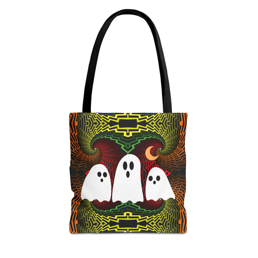 A tote bag with black handles, featuring a colorful psychedelic graphic of three white ghosts against a green, yellow, and orange patterned background.
