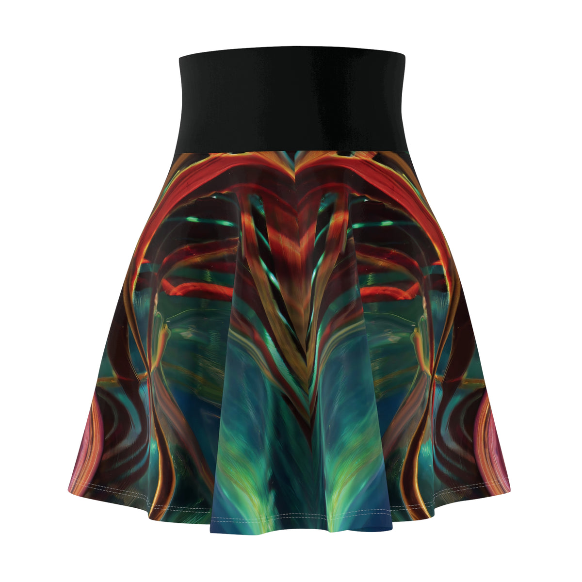 A high-waisted black flared skirt with a vibrant, symmetrical psychedelic print featuring swirling patterns of teal, green, red, orange, and gold.