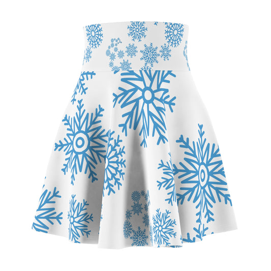 A white flared skirt with a high-waisted waistband, featuring a repeating pattern of large and small blue snowflakes.
