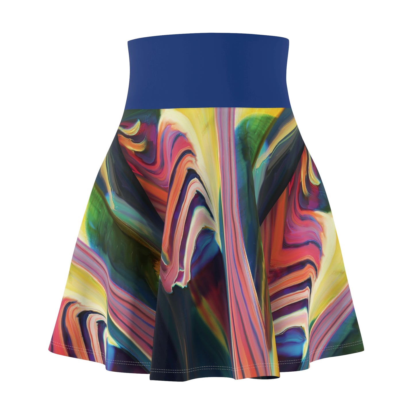 A high-waisted skater skirt with a solid royal blue waistband and a vibrant, multicolored abstract swirl print on the flared skirt portion, shown against a plain white background.