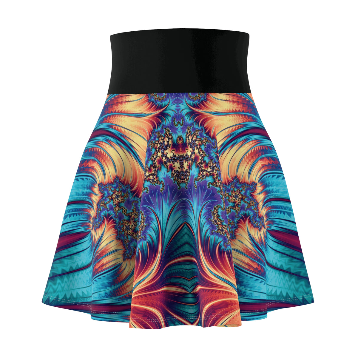 A high-waisted flared skirt with a solid black waistband and a vibrant, symmetrical abstract fractal print in shades of blue, purple, orange, and red, shown against a plain white background.