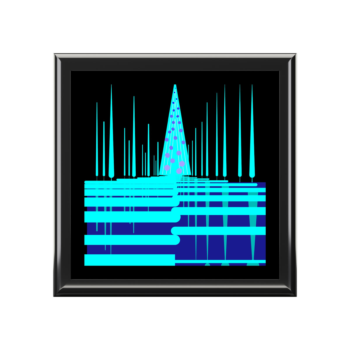 Framed artwork with a geometric design featuring blue and purple colors on a black background