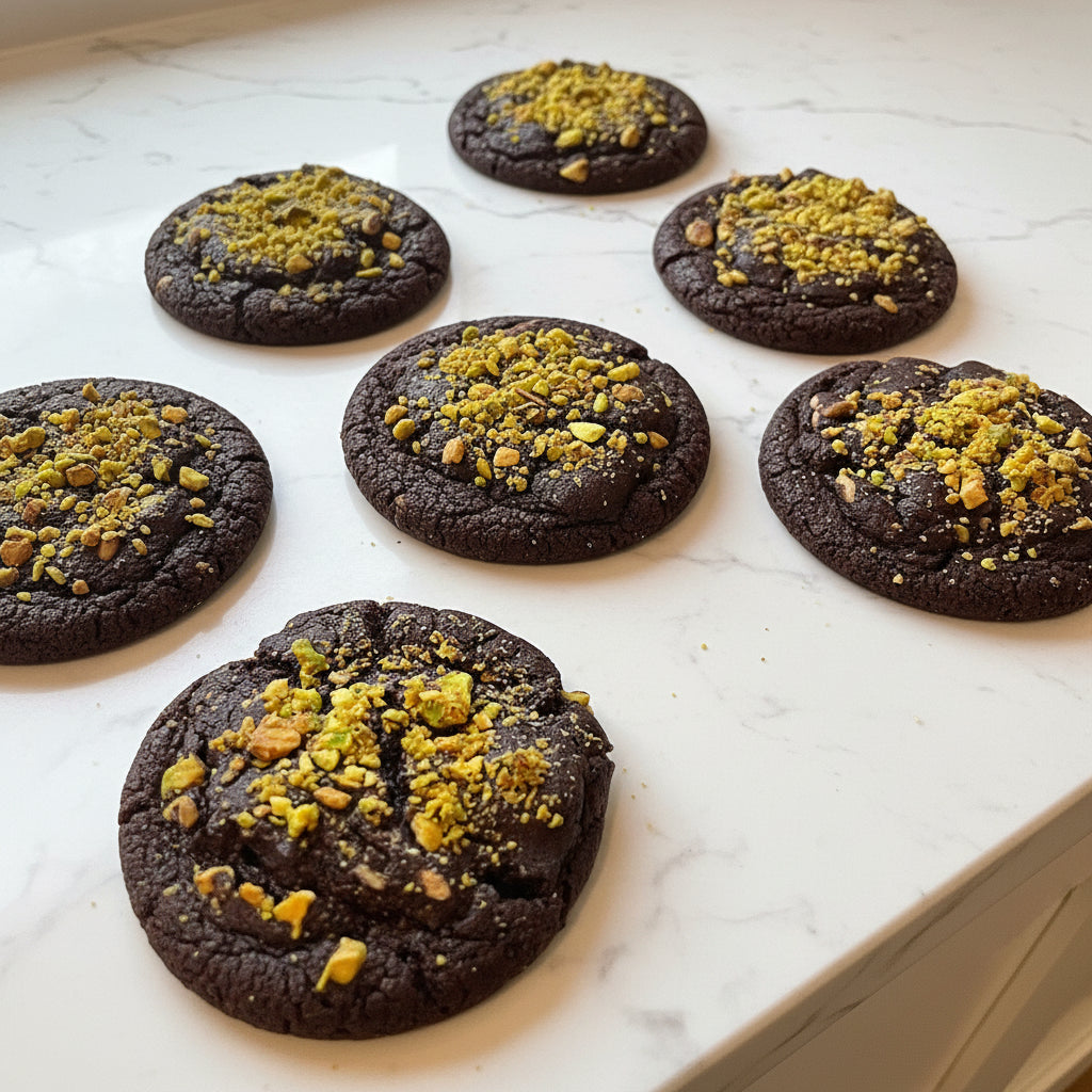 Chocolate cookies with green pistachio crumb topping on a baking tray, with Stachios packaging in the background.