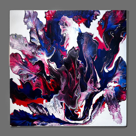 Abstract fluid acrylic painting on a square canvas, featuring dramatic swirls of deep navy blue, black, vibrant magenta pink, and white on a white background, displayed against a neutral gray backdrop.