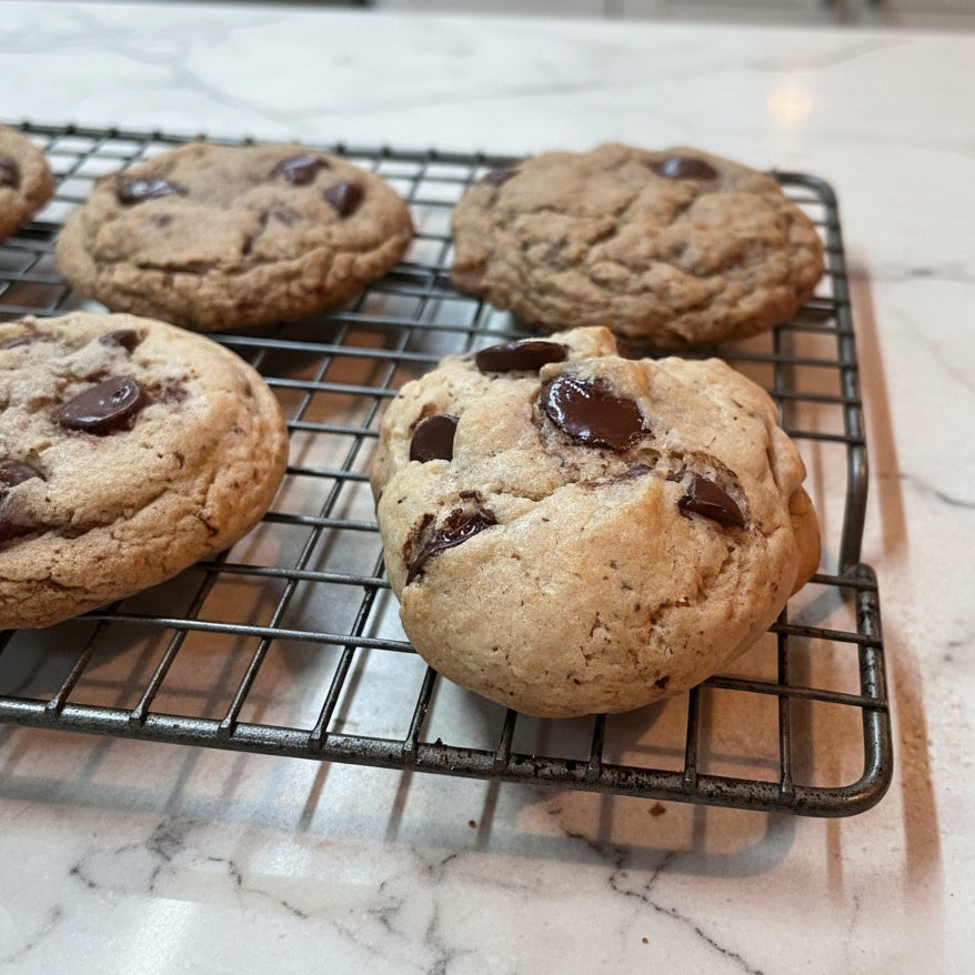 Chocolate chip cookies on a cooling rack