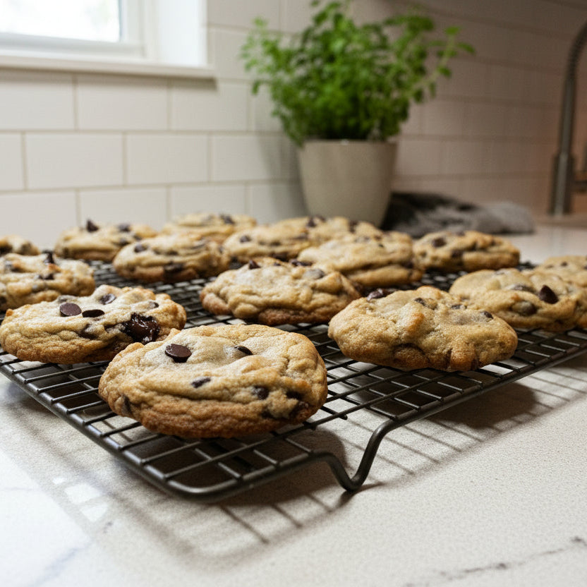 A cooling rack filled with freshly baked chocolate chip cookies on a light countertop.