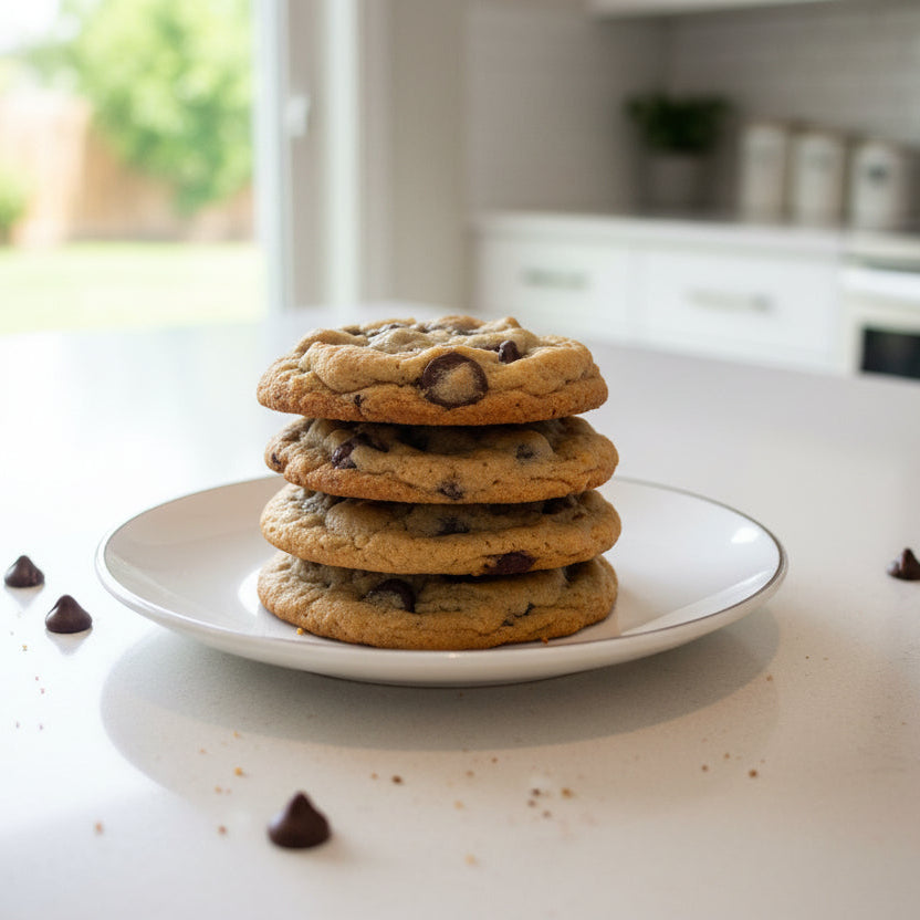 A close-up of a freshly baked chocolate chip cookie resting on a black wire cooling rack over a light beige surface.