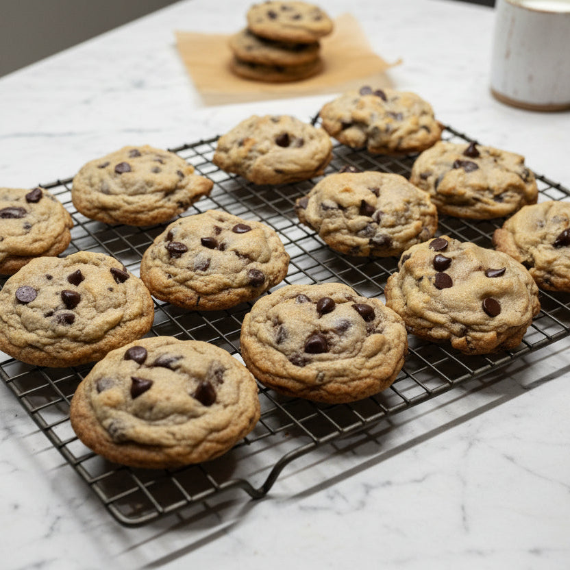 Several chocolate chip cookies cooling on a black wire rack over a baking sheet, photographed from above at a slight angle.