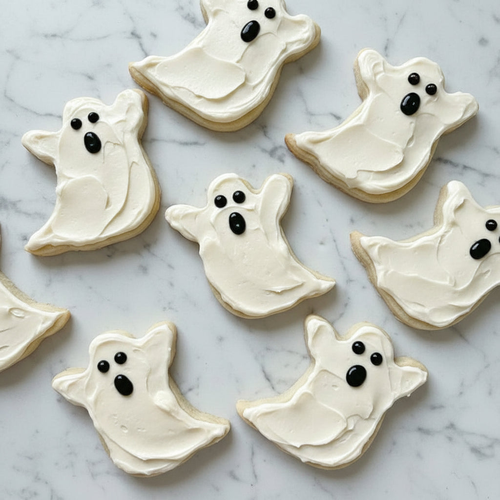 Unfrosted ghost shaped cookie on a cooling rack