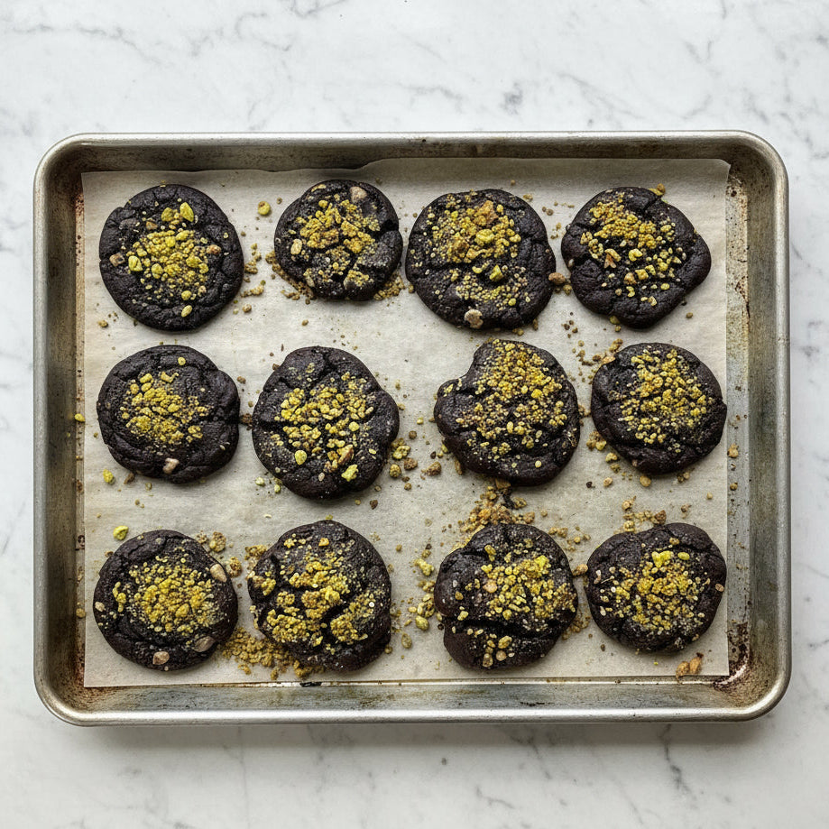 chocolate cookies with pistachio crumb topping on a baking tray