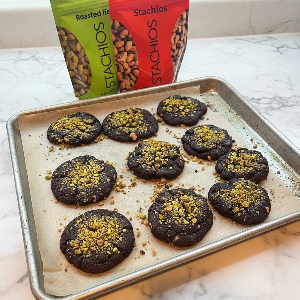 Cookies with pistachio pieces on a baking tray next to pistachio packages.