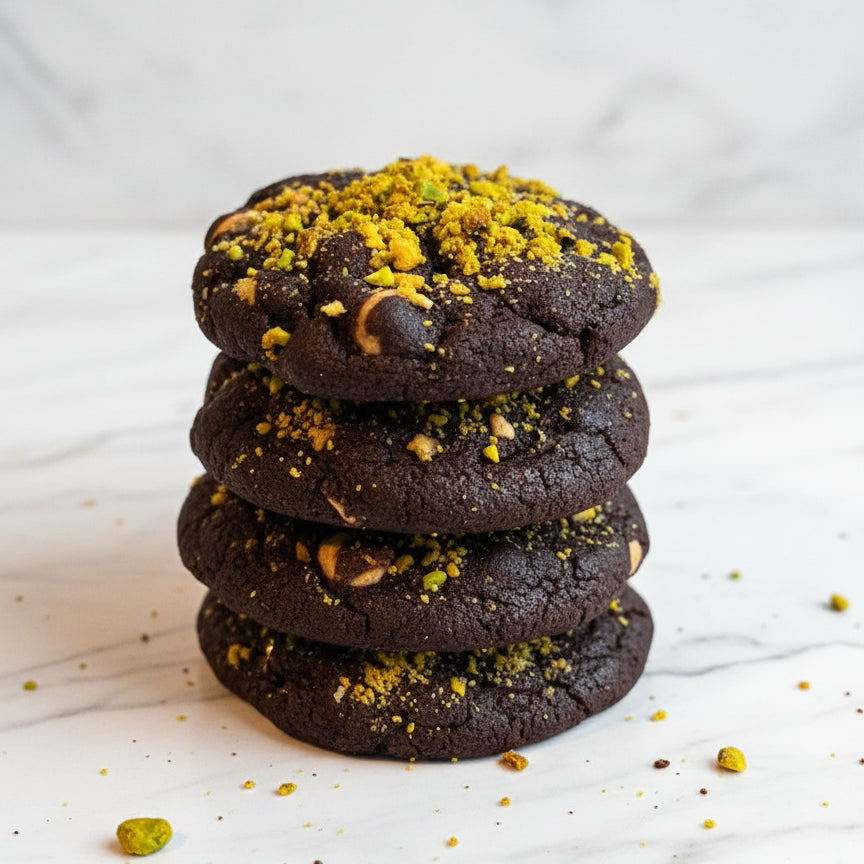 Chocolate cookies with yellow crumb topping on a baking sheet