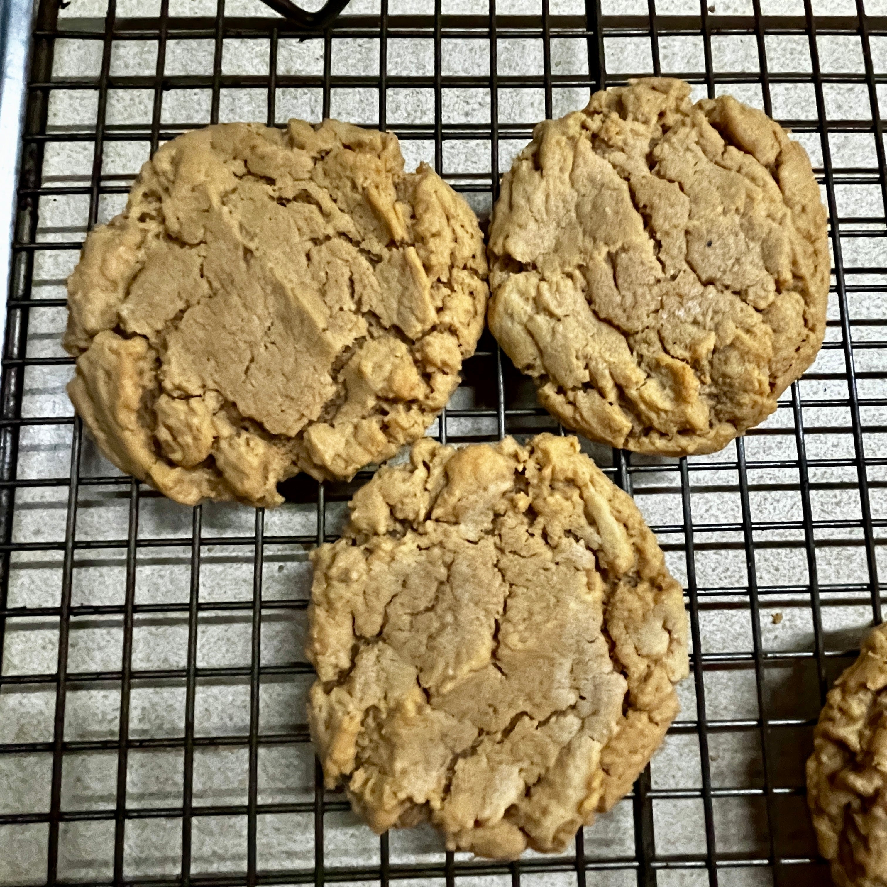 Three cookies on a cooling rack with a light background