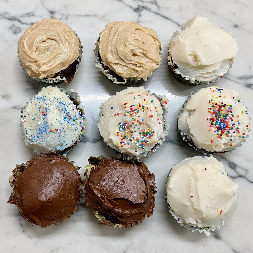 Assorted cupcakes with different frosting flavors on a baking tray.