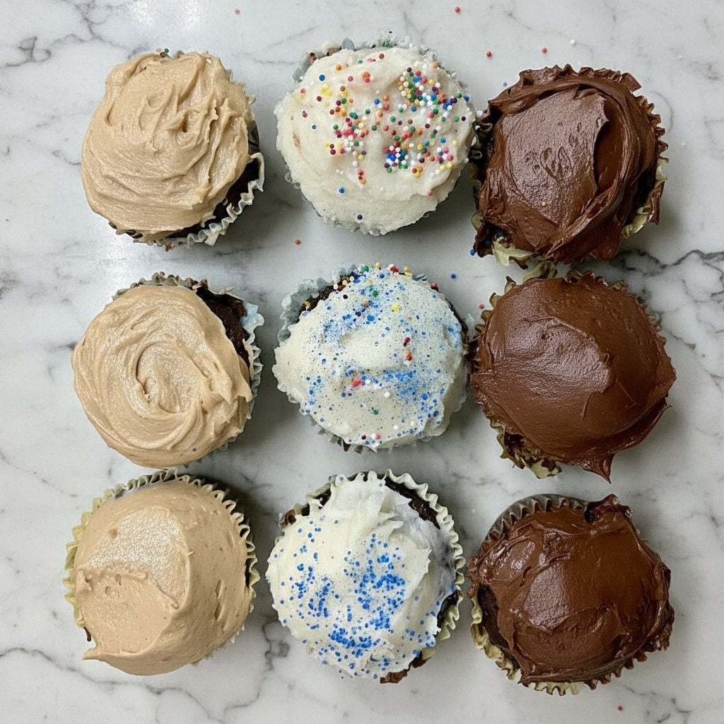 Assorted cupcakes with different frosting flavors on a baking tray.