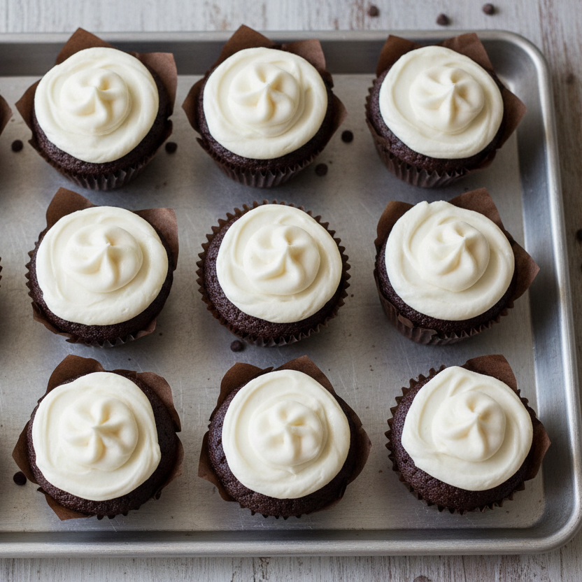 chocolate cupcakes on cookie sheet frosted with simple white buttercream frosting