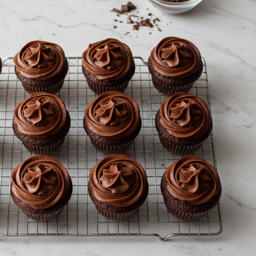 chocolate cupcakes on cooling rack on white marble counter. cupcakes are frosted w chocolate buttercream frosting 