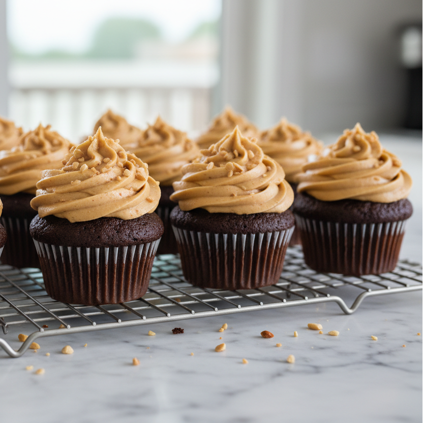 chocolate cupcakes on cooling rack with peanut butter buttercream frosting sitting on white marble counter
