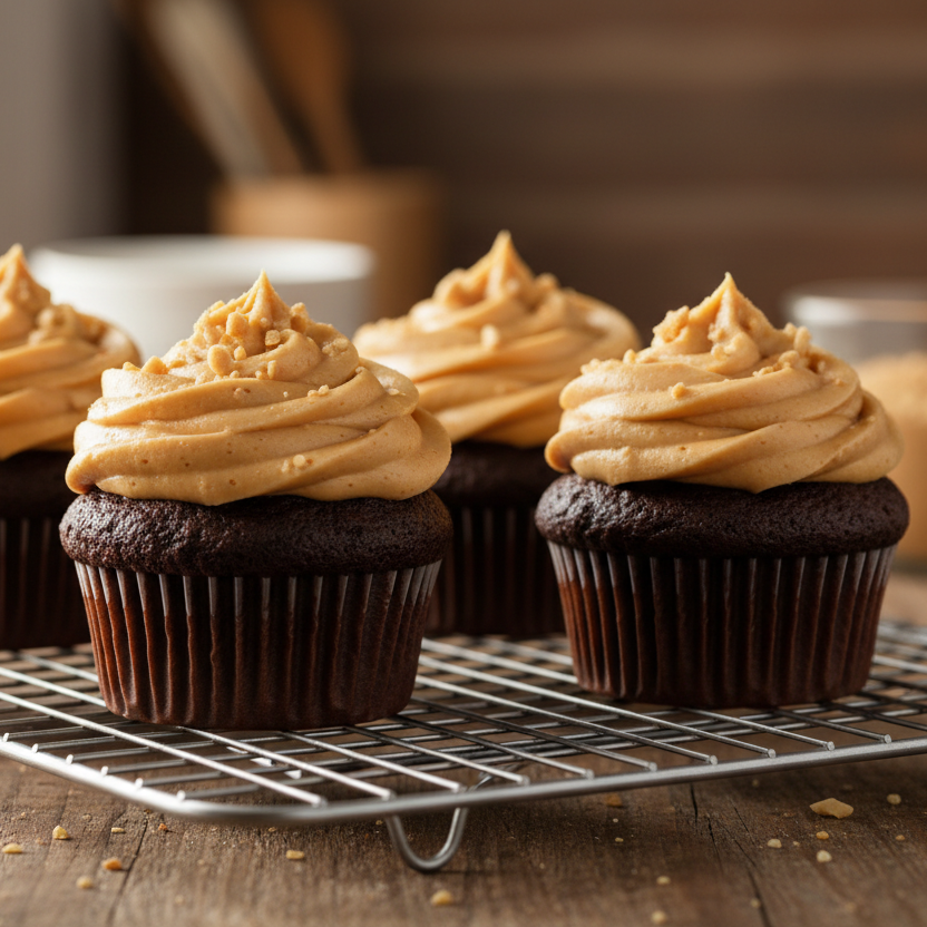 chocolate cupcakes on cooling rack with peanut butter frosting 