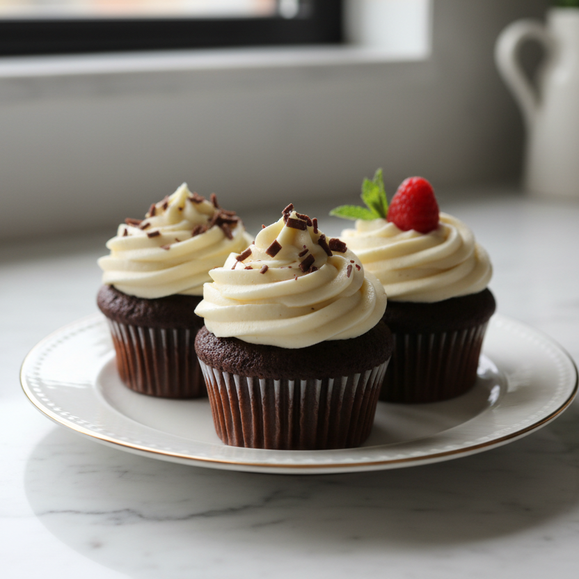 chocolate cupcakes sitting on plate on white marble counter top. cupcakes have simple buttercream frosting