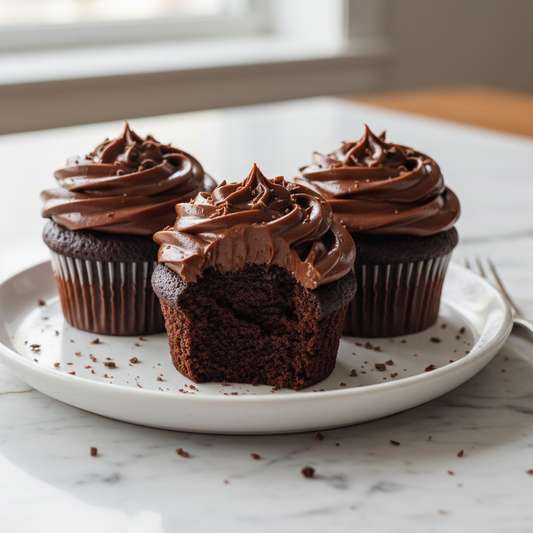 chocolate cupcakes w chocolate frosting sitting on plate on white marble 