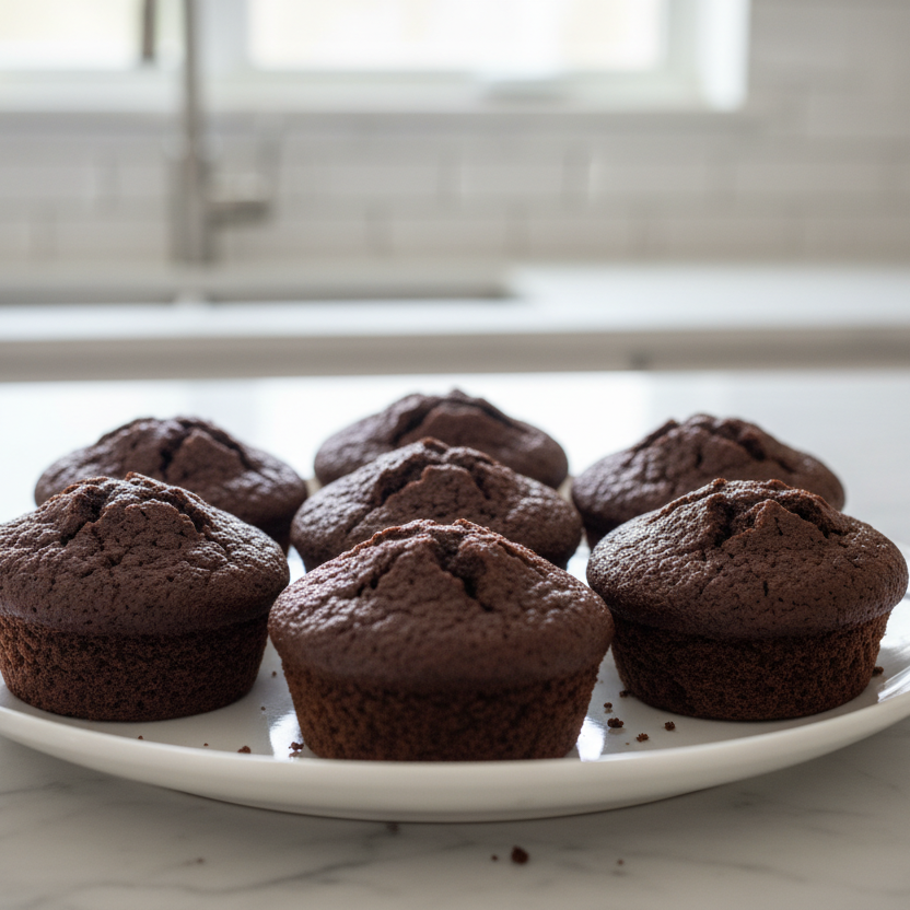chocolate cupcakes without any frosting sitting on plate on white marble kitchen counter