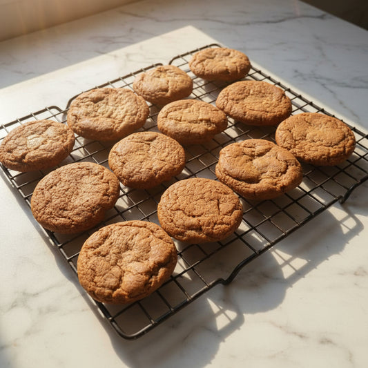 Molasses cookies on a cooling rack