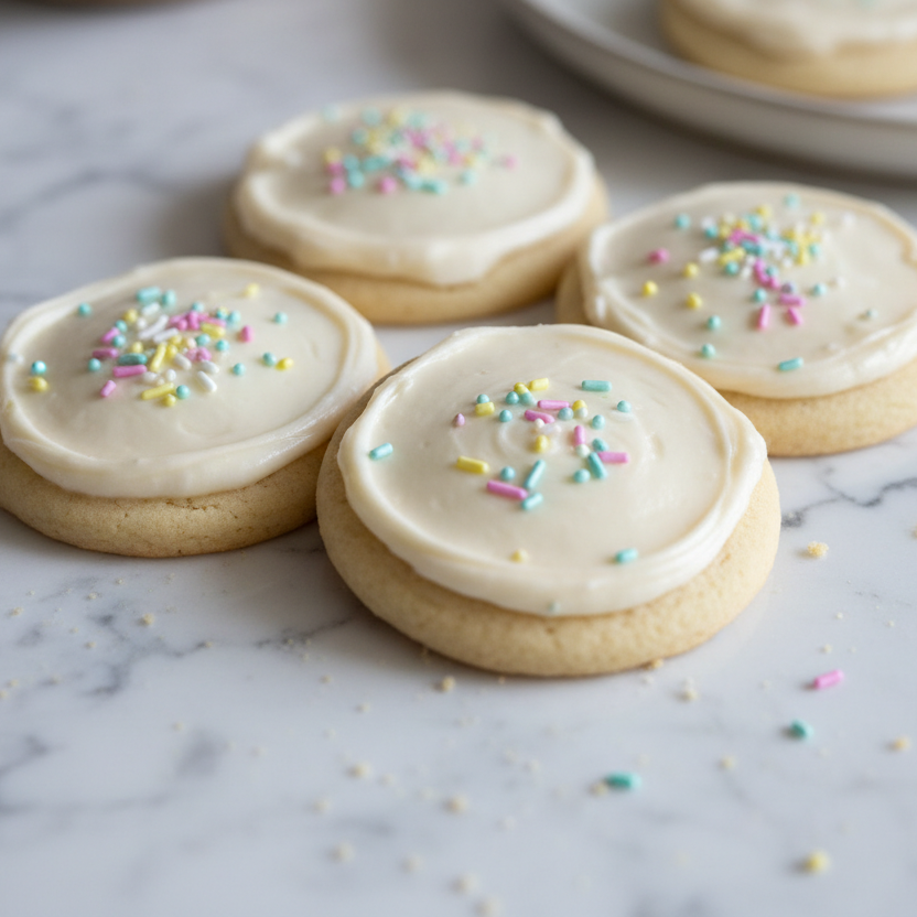 round sugar cookie cutouts with simple white buttercream frosting and light sprinkles on top sitting on white marble counter