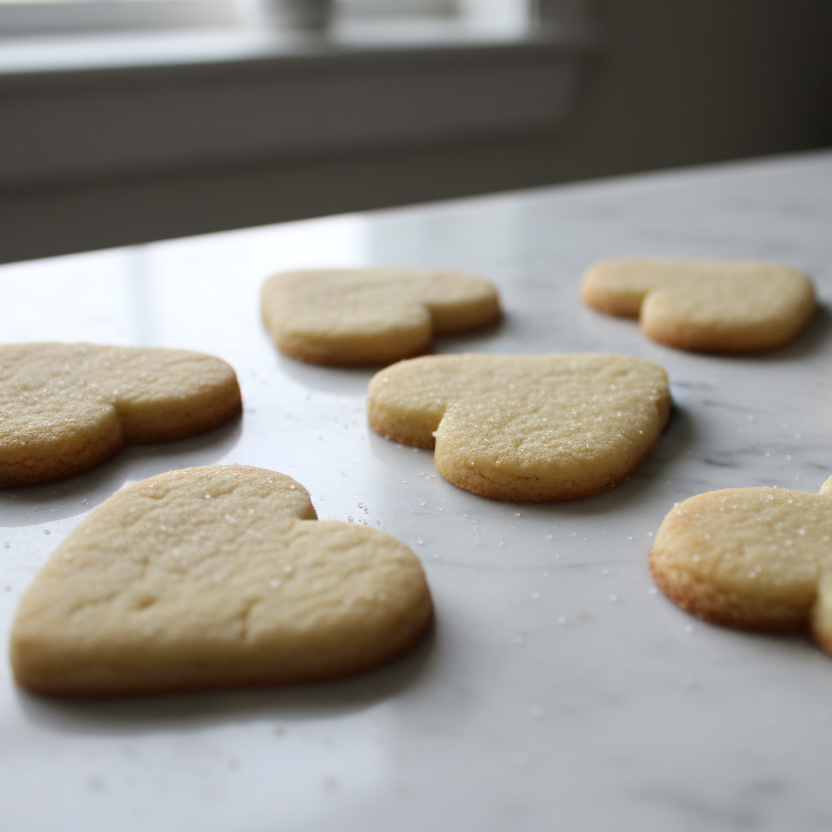 sugar cookie cutouts in heart shape not frosted sitting on white marble