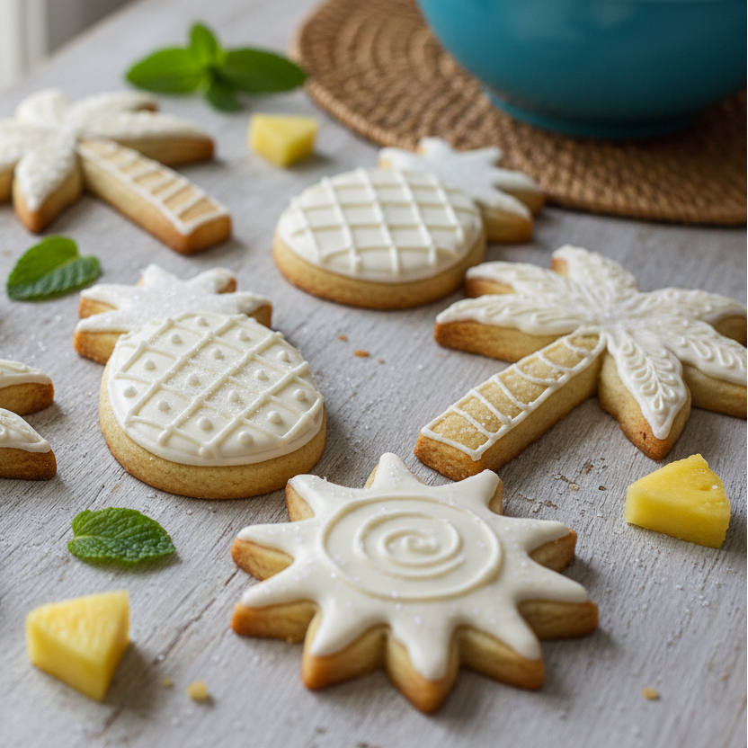 sugar cookie cutouts in tropical shapes like palm trees, pineapples and suns, with white buttercream frosting 