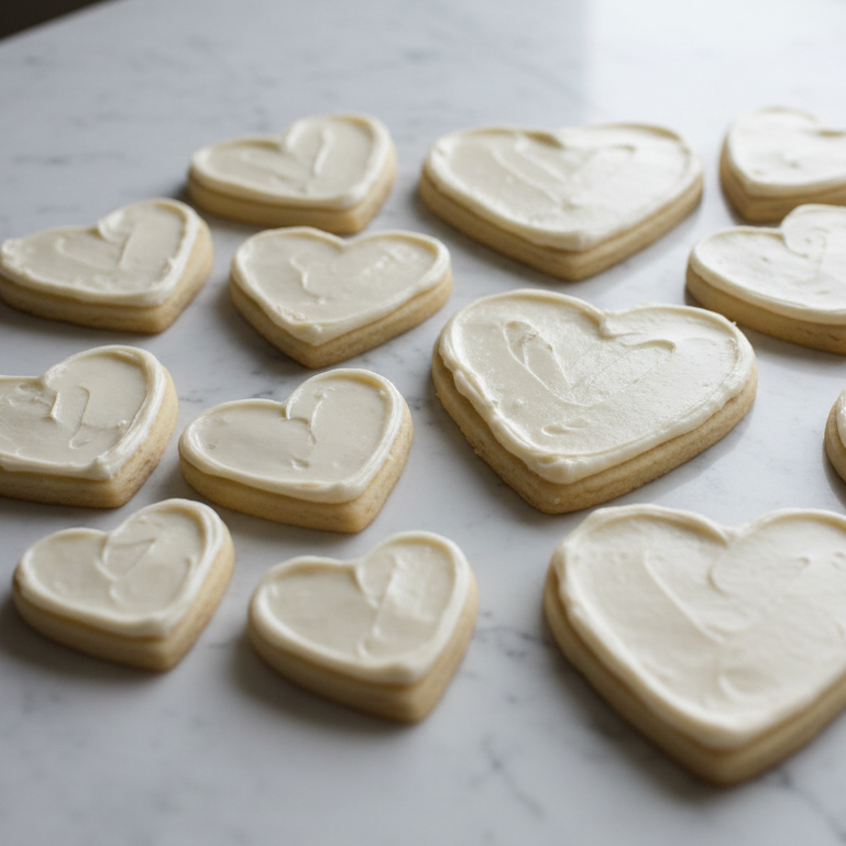 sugar cookie cutouts in varying sizes of heart shapes frosted with white buttercream frosting sitting on white marble counter 