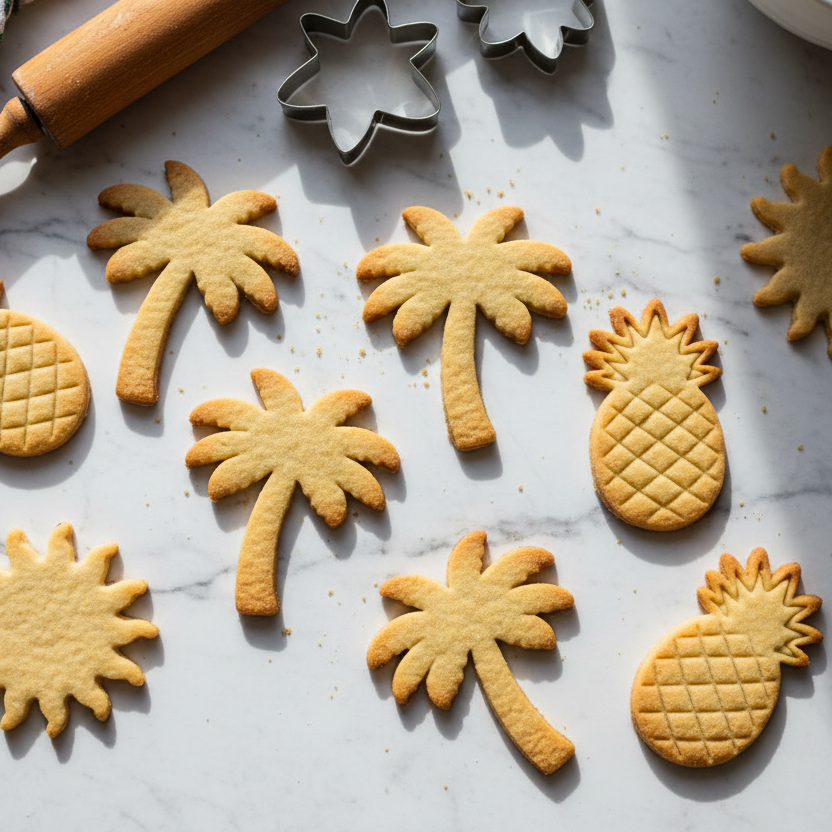 tropical shaped sugar cookies, palm tree, pineapple, sun shapes not frosted sitting on white marble 