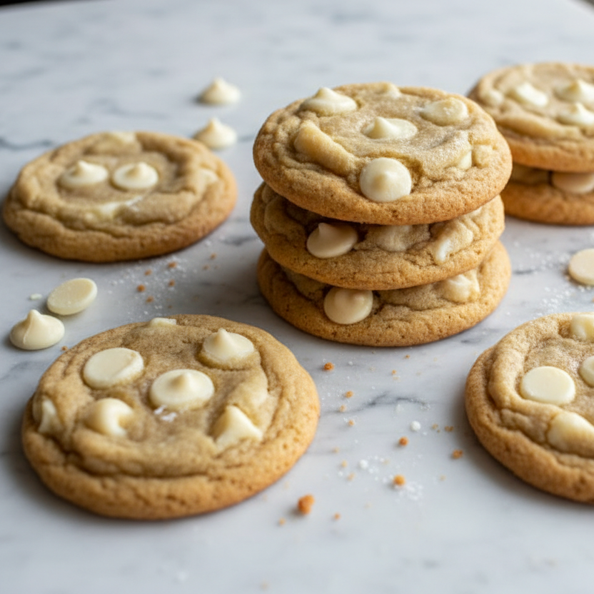 white chocolate chip cookies sitting on a white marble countertop